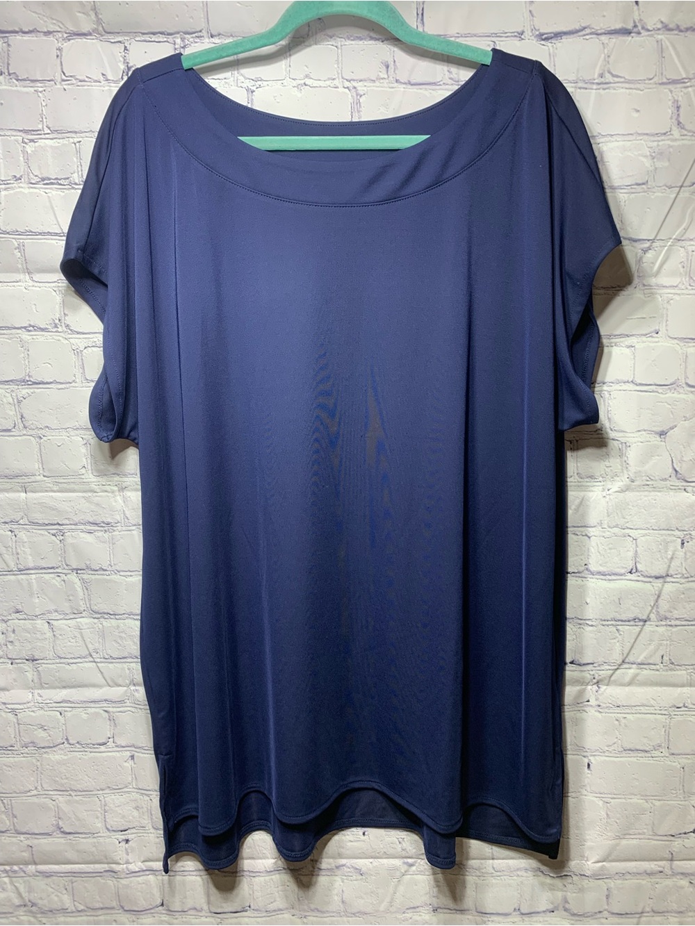 Susan Graver Womens Liquid Knit Scoop Neck Short Sleeve Top Blue Sz 2X Casual